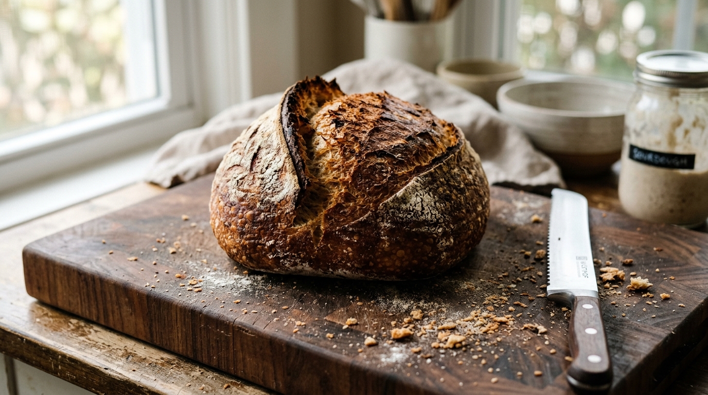 Properly fermented artisan sourdough loaf with dramatic rise and blistered crust