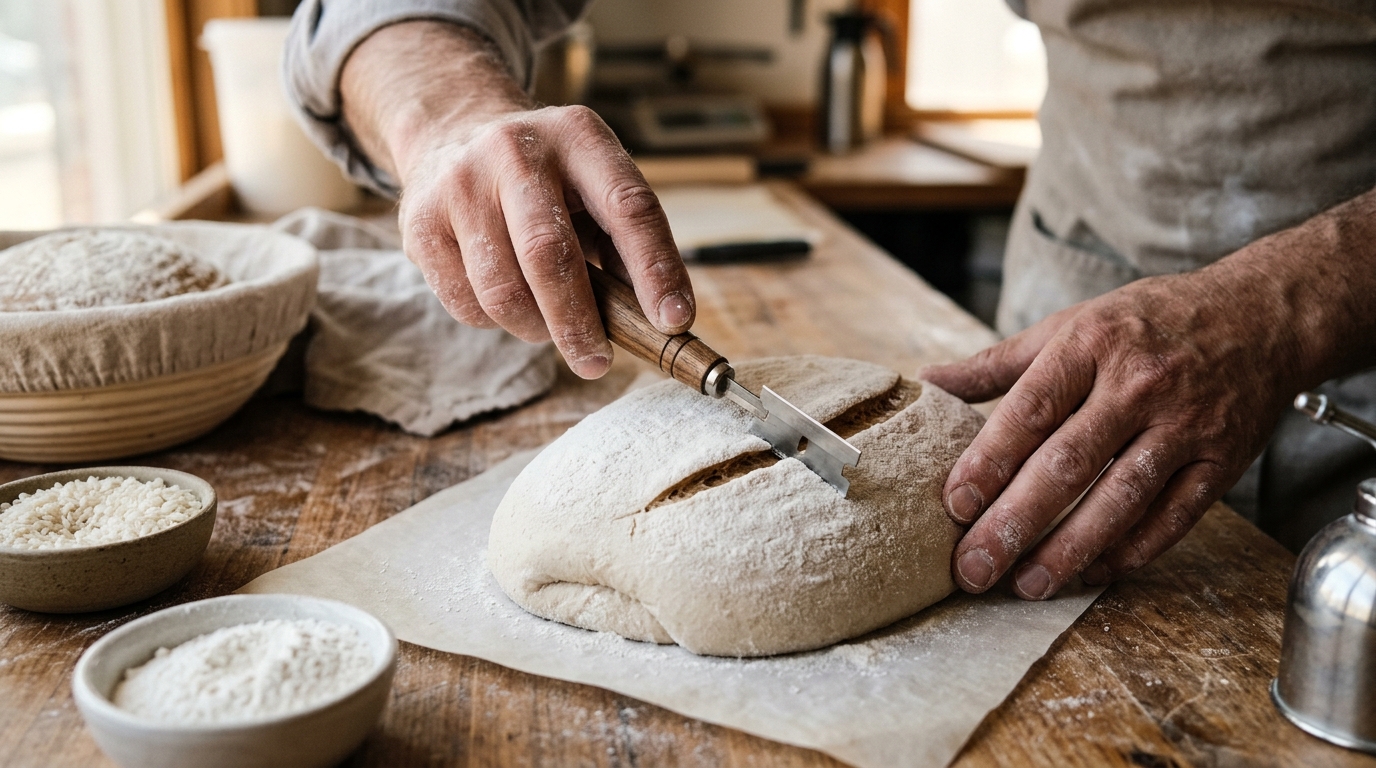 Artisan baker using a wooden bread lame razor blade at a 30-degree angle to score cold batard dough