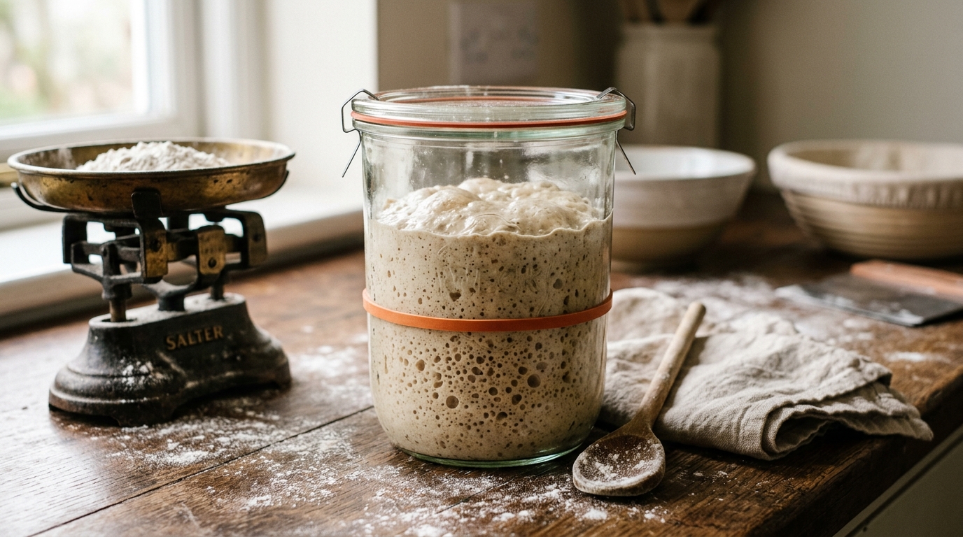 Active sourdough starter bubbling at peak volume in a glass Weck jar with rubber band indicator on an artisan wooden counter